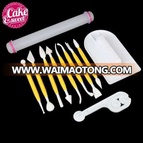 11pcs Cake Smoother Fondant Cutter Embosser Rolling Pin Modeling Tool Set Cake Decoranting Tools